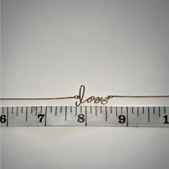 Solid Stamped14K Yellow Gold Word LOVE Cursive Script Text Necklace